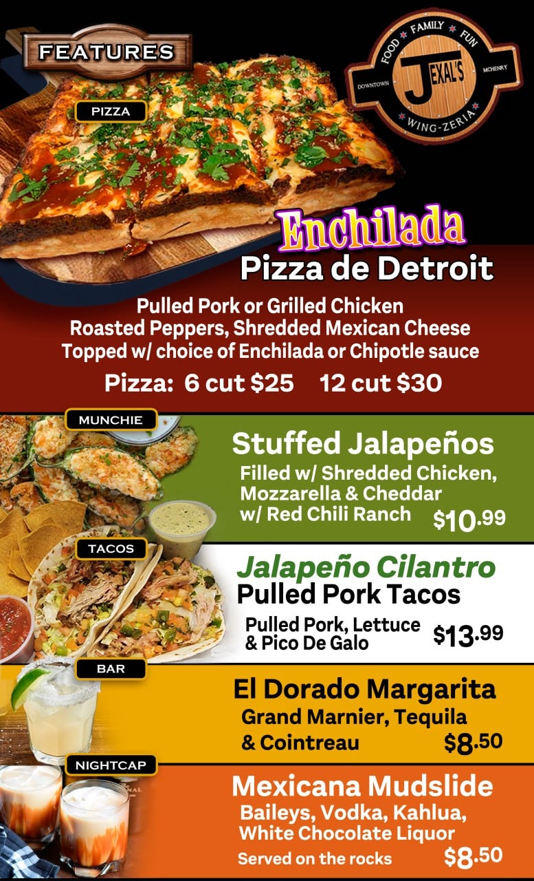 Menu Jexal's Pizza & WingZeria McHenry, Illinois